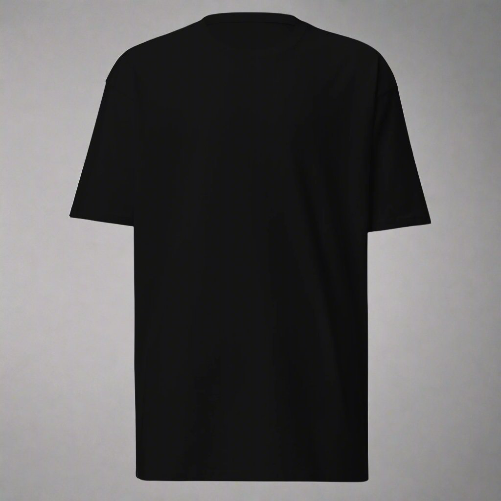 font side of black t-shirt with drop shoulder oversized streetwear fit