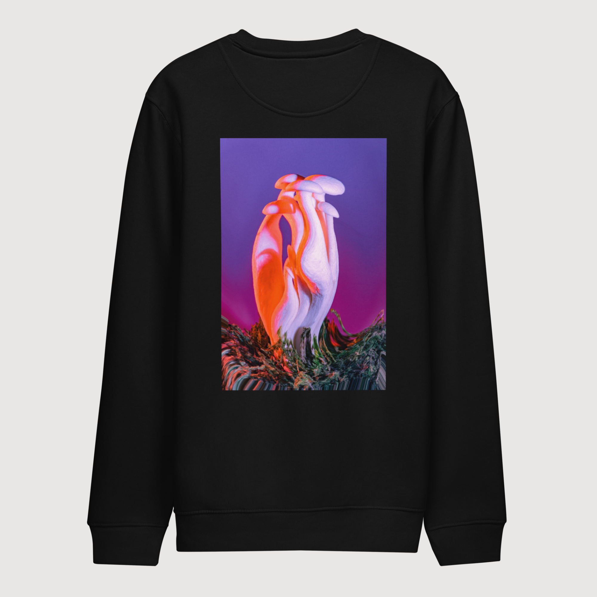 Black graphic sweatshirt with mushroom ‘Terra’ design, a luxury streetwear oversized fit
