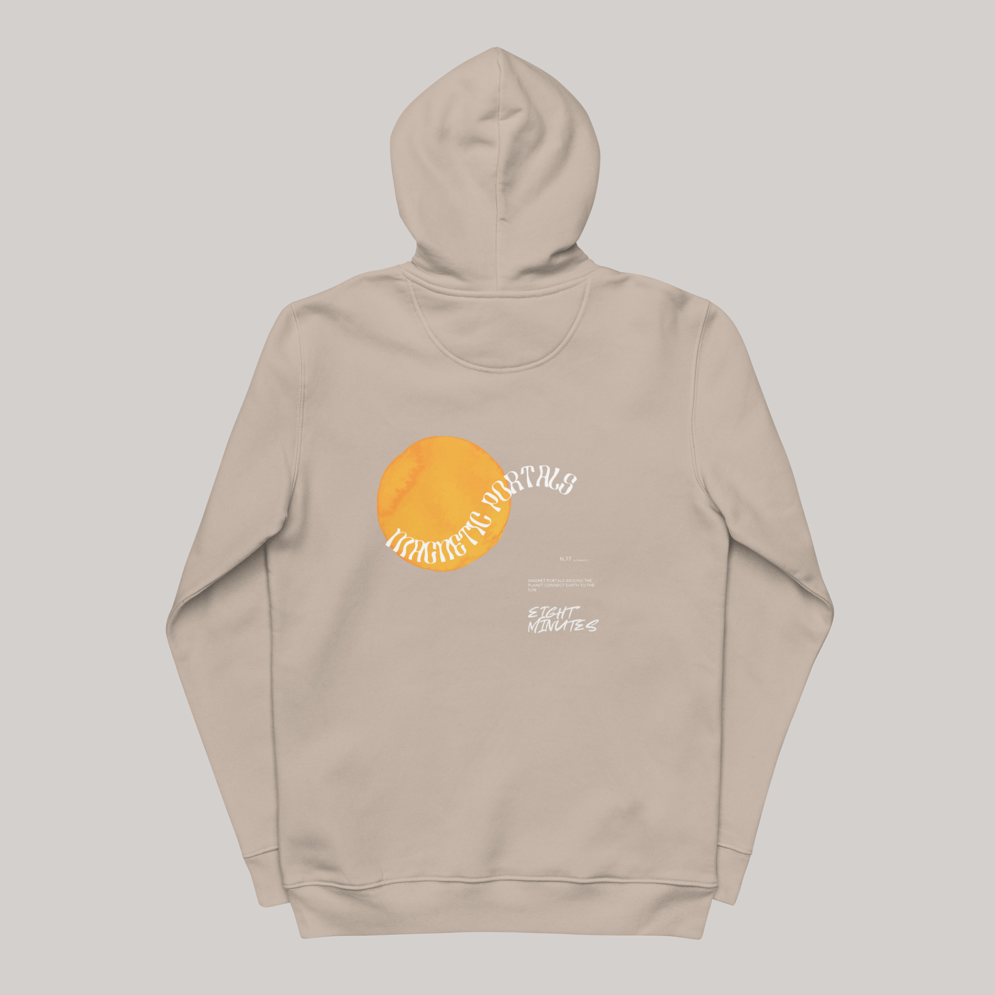 desert dust beige light brown hoodie back: flat demo, magnetic portals design featuring yellow sun: EIGHT MINUTES