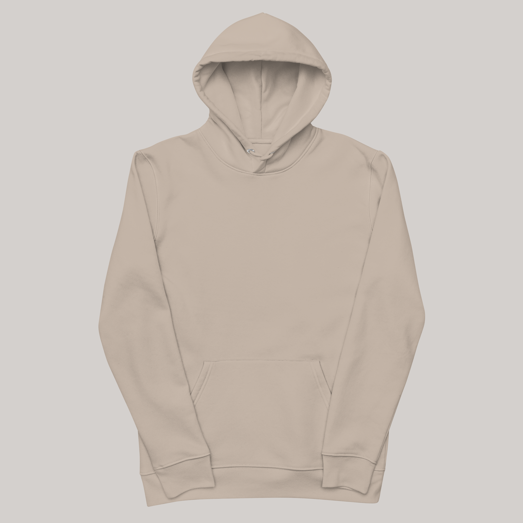 beige light brown hoodie front demo: pouch pockets, premium organic cotton- magnetic portals