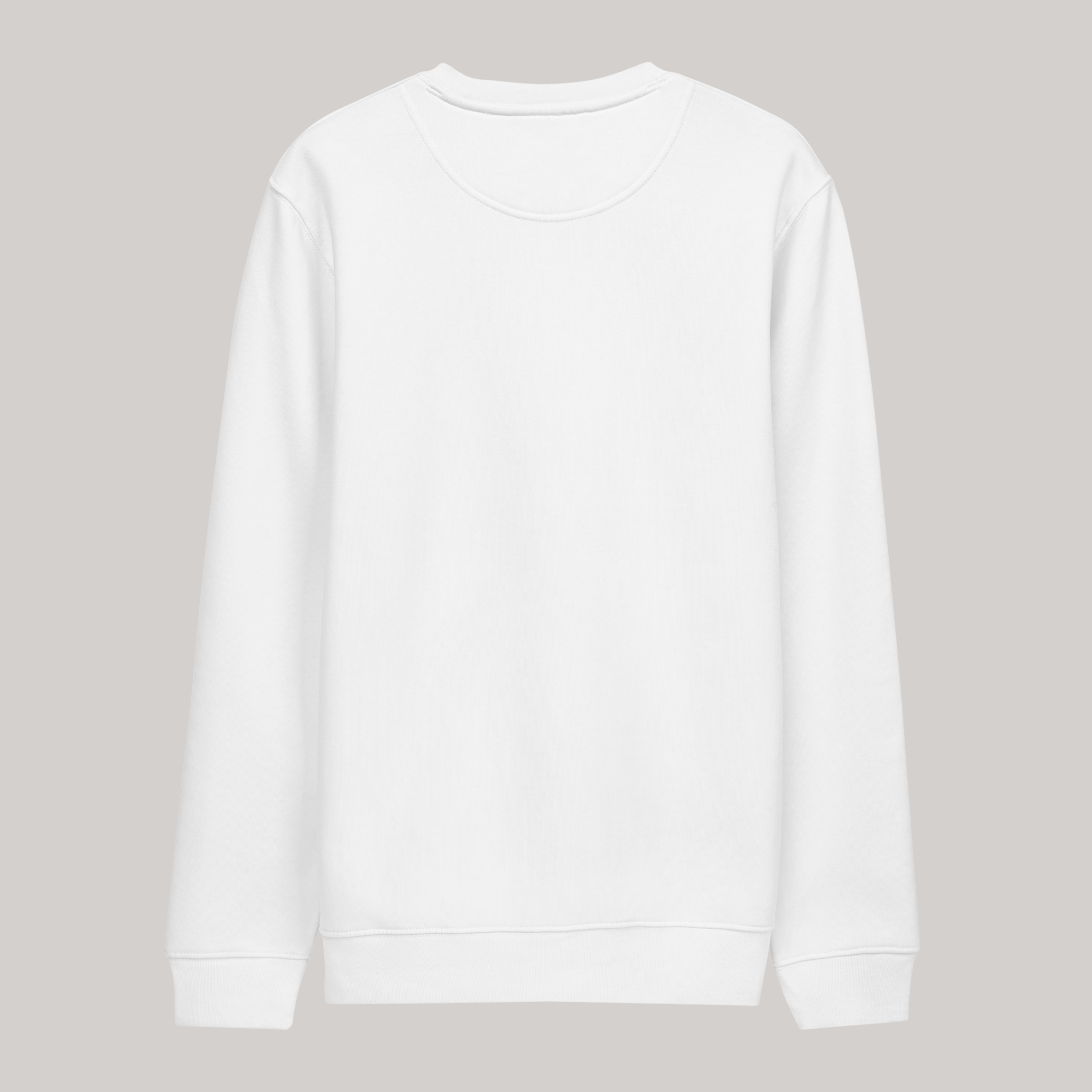 back of white crewneck sweatshirt, luxury streetwear crewneck of white color