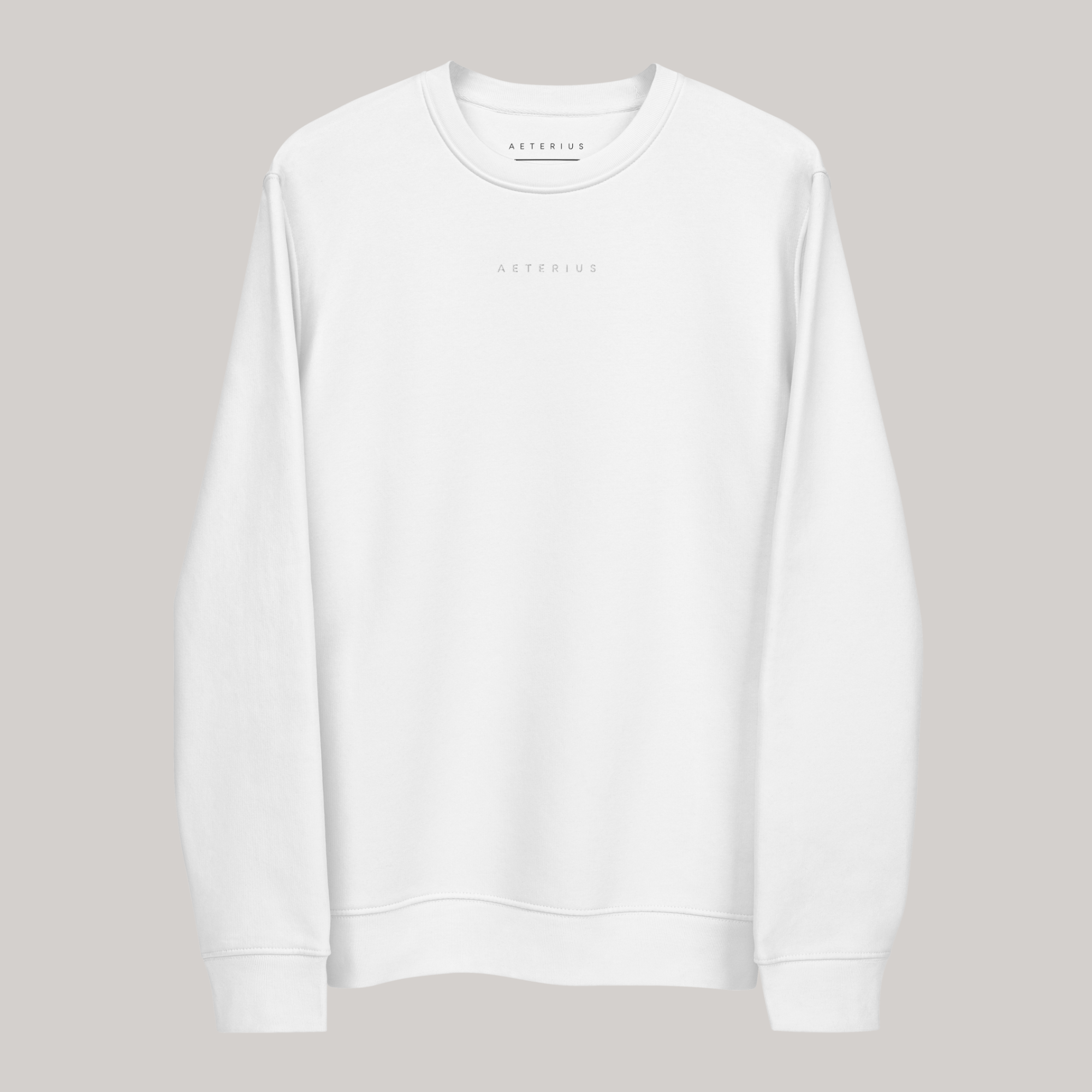 white crewneck sweatshirt with AETERIUS embroidery, luxury streetwear crewneck, white color