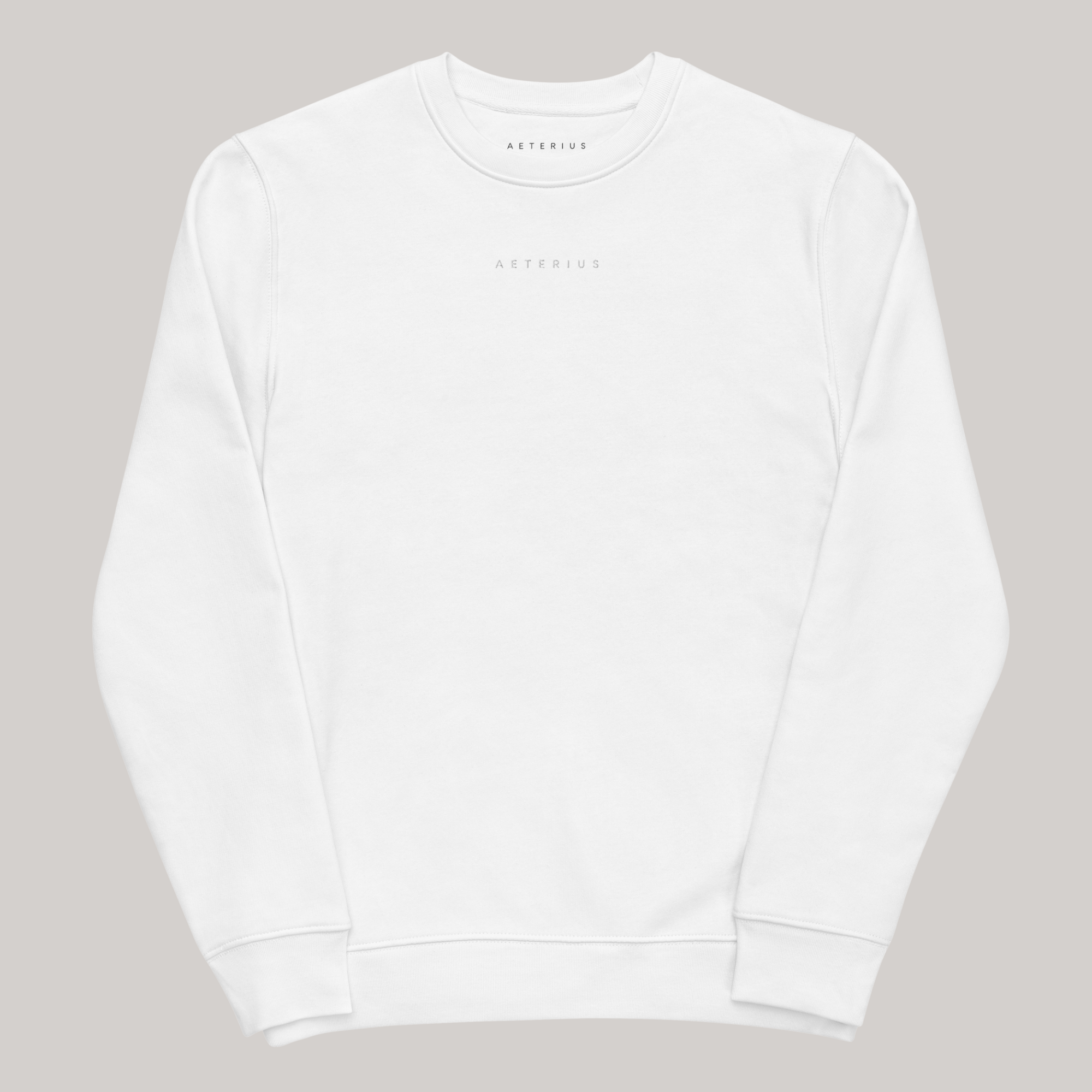 white crewneck sweatshirt with AETERIUS embroidery, luxury streetwear