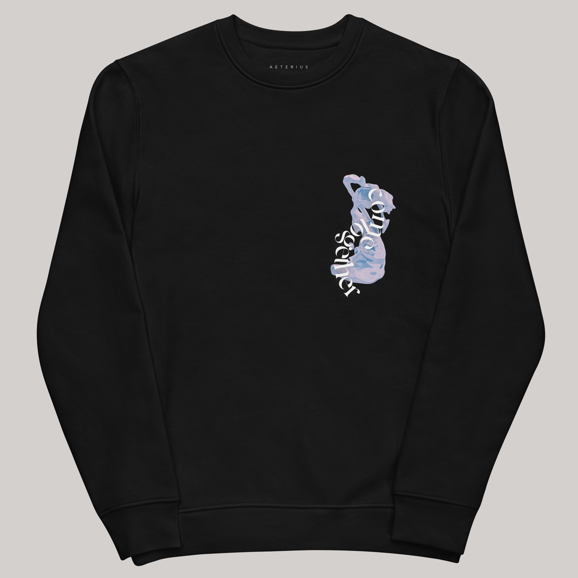 black crewneck sweatshirt, luxury streetwear crewneck 'come together' front left chest graphic design