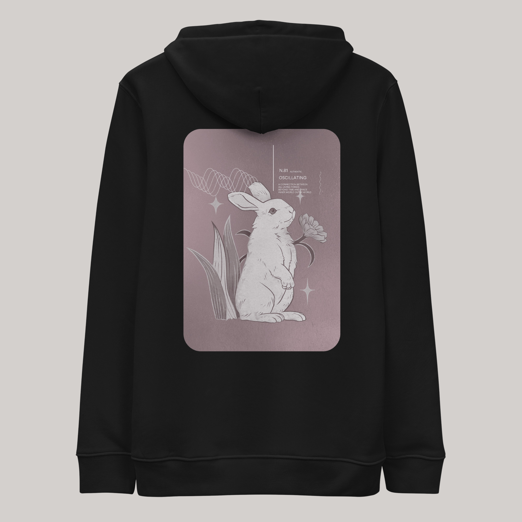 graphic black hoodie with back print:bunny rabbit game card, oscillating vibrations ''a connection between all living things'' psychedelic aesthetic