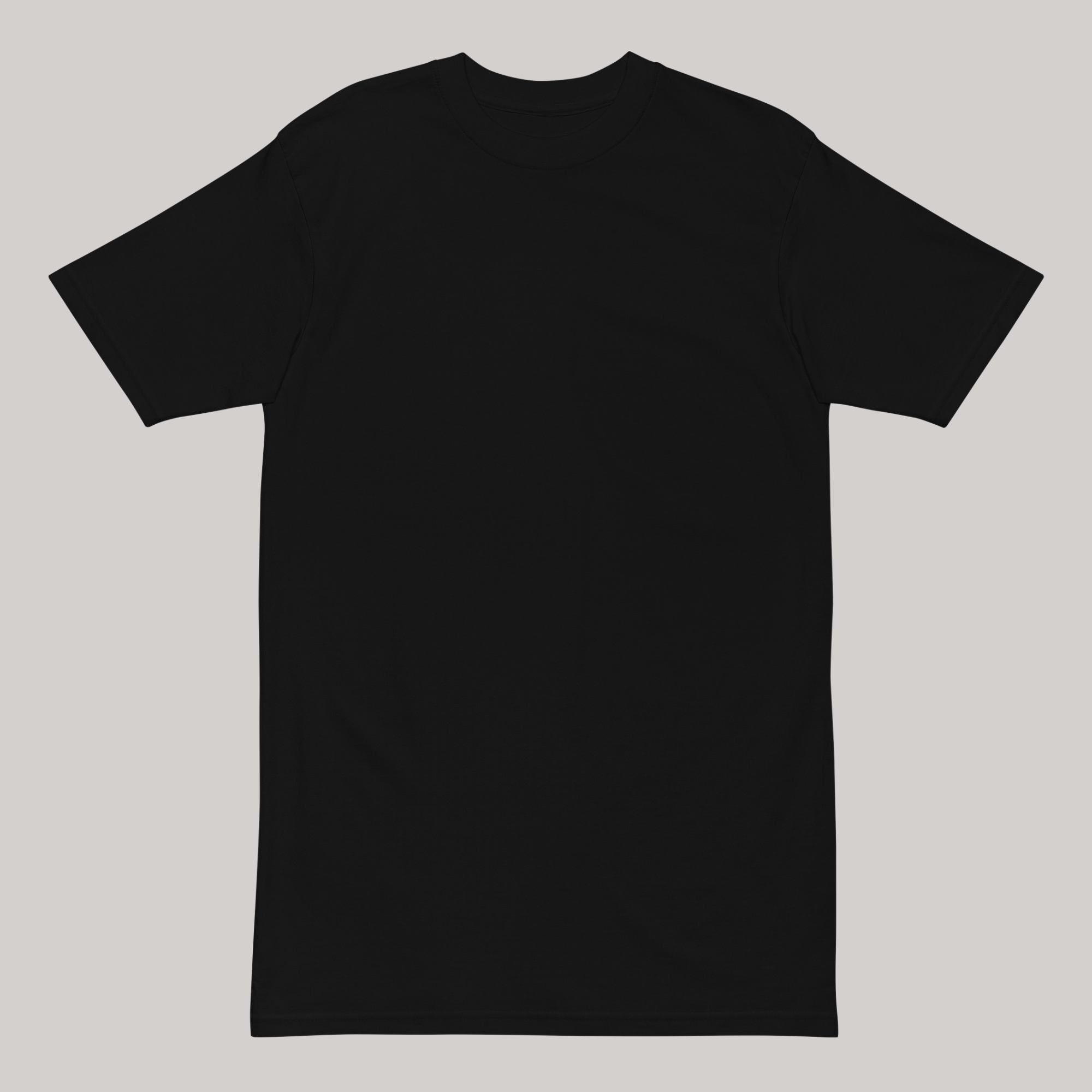 Front side of Oscillating T-Shirt, full black garment. Dropped shoulders, oversized. 100% combed ring-spun luxury cotton