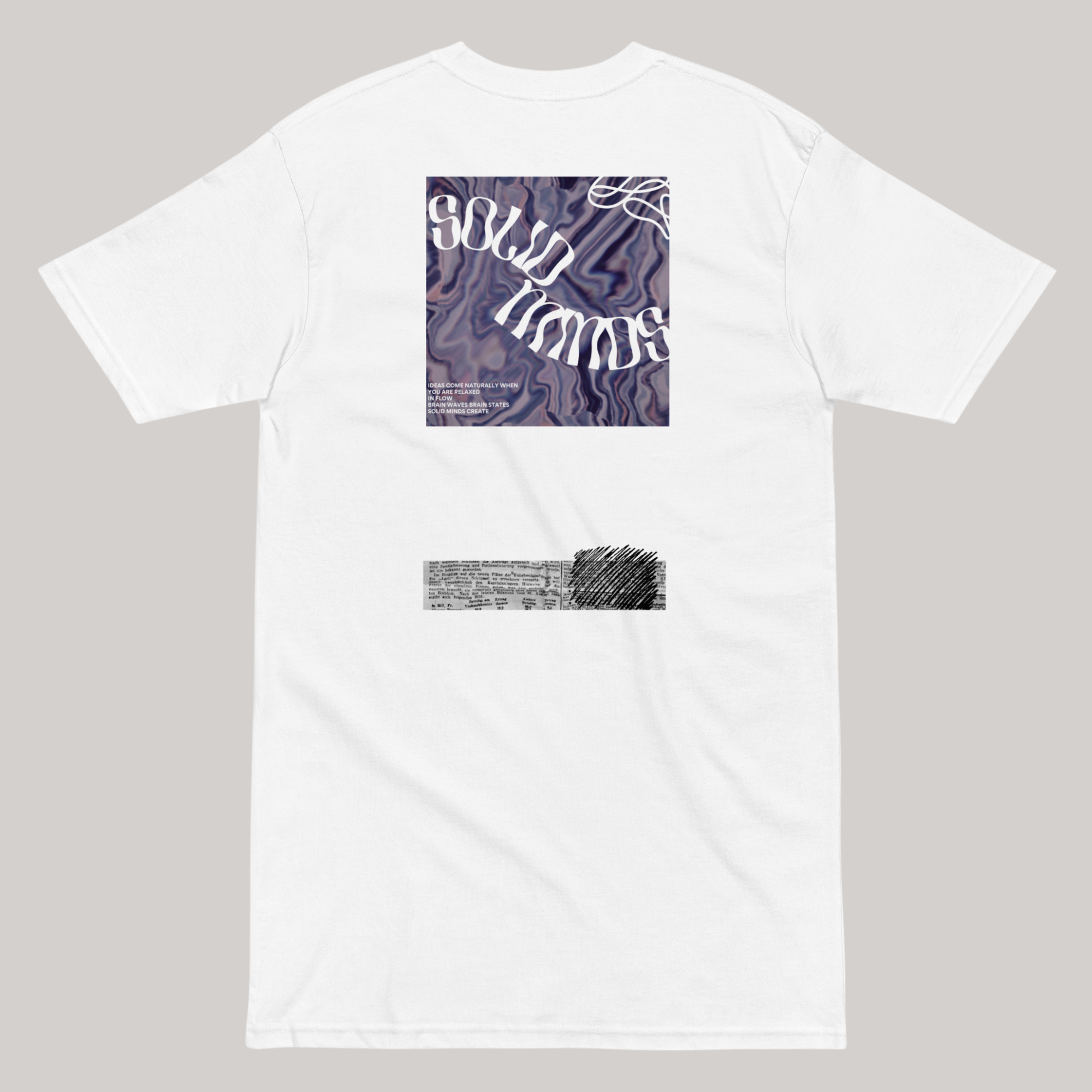 solid minds back print t-shirt; white oversized garment, street urban newspaper graphic 'ideas come naturally when you are relaxed'