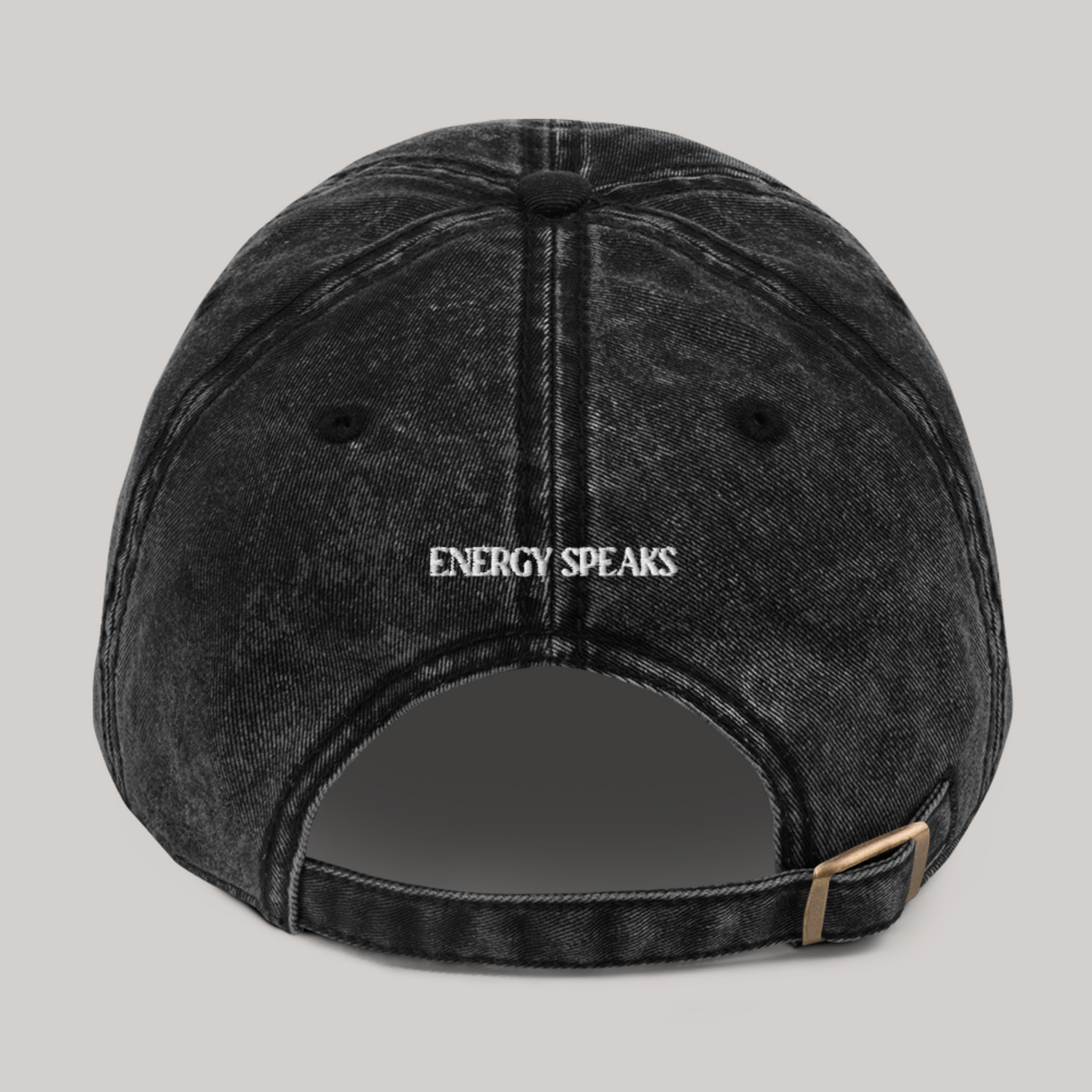 Streetwear black baseball cap in washed black denim color, back embroidery 'energy speaks', adjustable metal buckle
