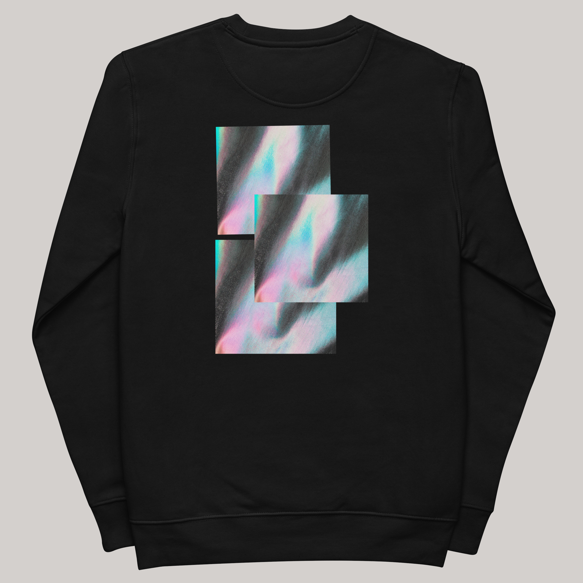 black crewneck sweatshirt graphic 'reflect' iridescent squares