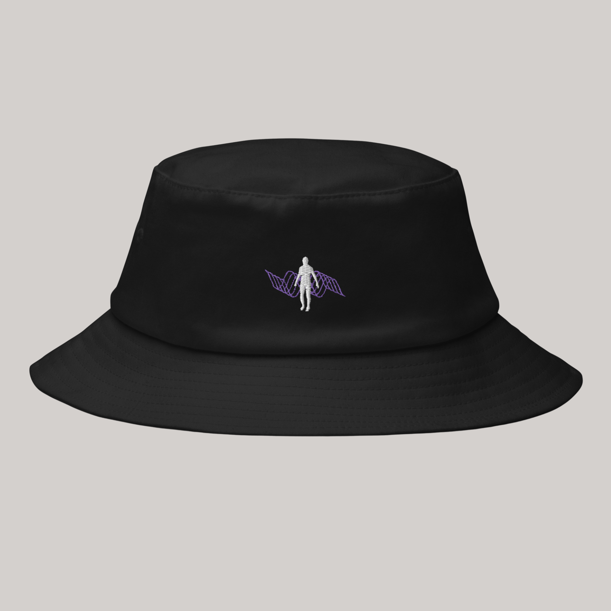 Black bucket hat with person vibrations embroidery, white and purple headwear