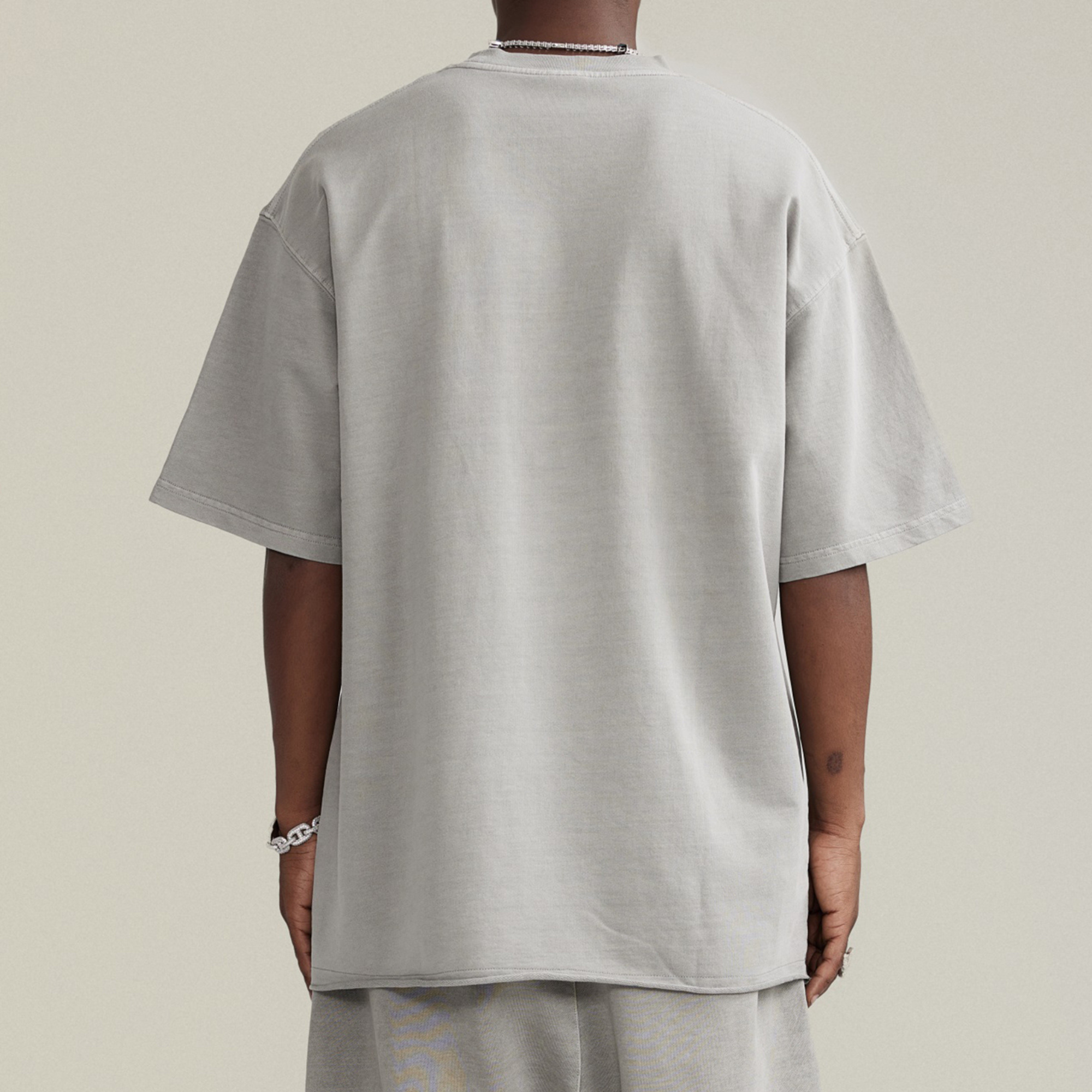 Drop shoulder t-shirt boxy fit light grey tee luxury streetwear AETERIUS
