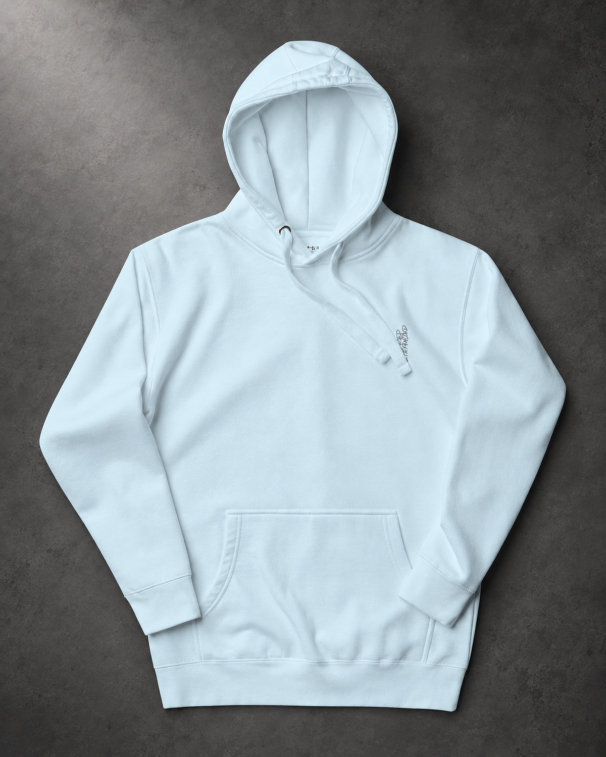 Light blue hoodie with small chest lettering, a drawstring hood and a front pouch pocket on a cement background.