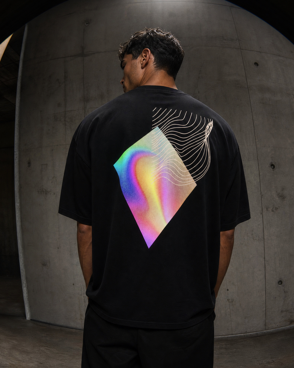 Person wearing a luxury streetwear black t-shirt with a vibrant geometric design on the back, standing in a concrete tunnel.