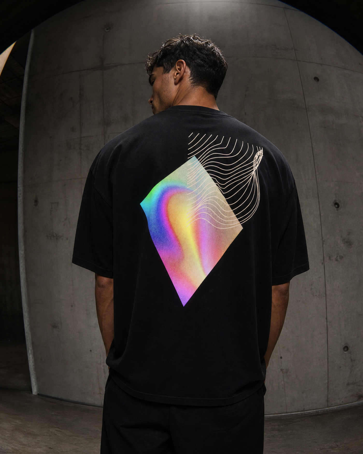 Person wearing a luxury streetwear black t-shirt with a vibrant geometric design on the back, standing in a concrete tunnel.