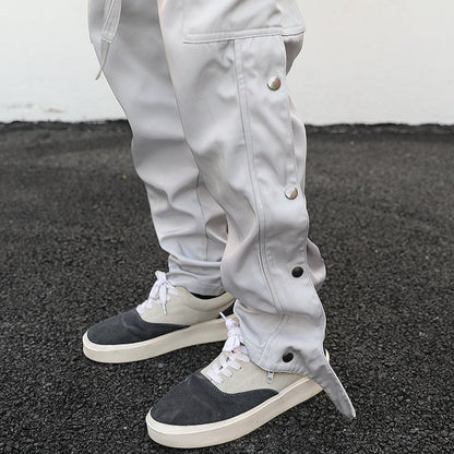 ankle snap grey cargo pants in streetwear aesthetic with side snap buttons