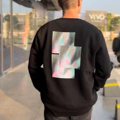 back of black crewneck sweatshirt graphic, luxury streetwear model walking with hands in pocket