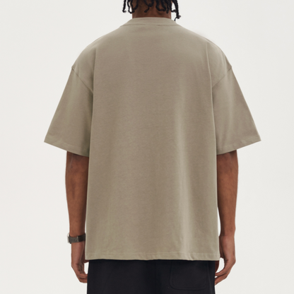 Back of drop shoulder boxy oversized beige t-shirt luxury streetwear tee