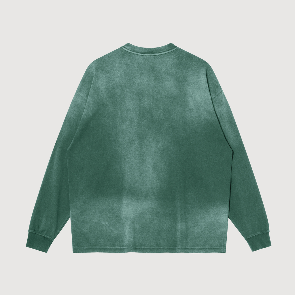 back side of dyed green mens or womens oversized crewneck (unisex streetwear item) 
