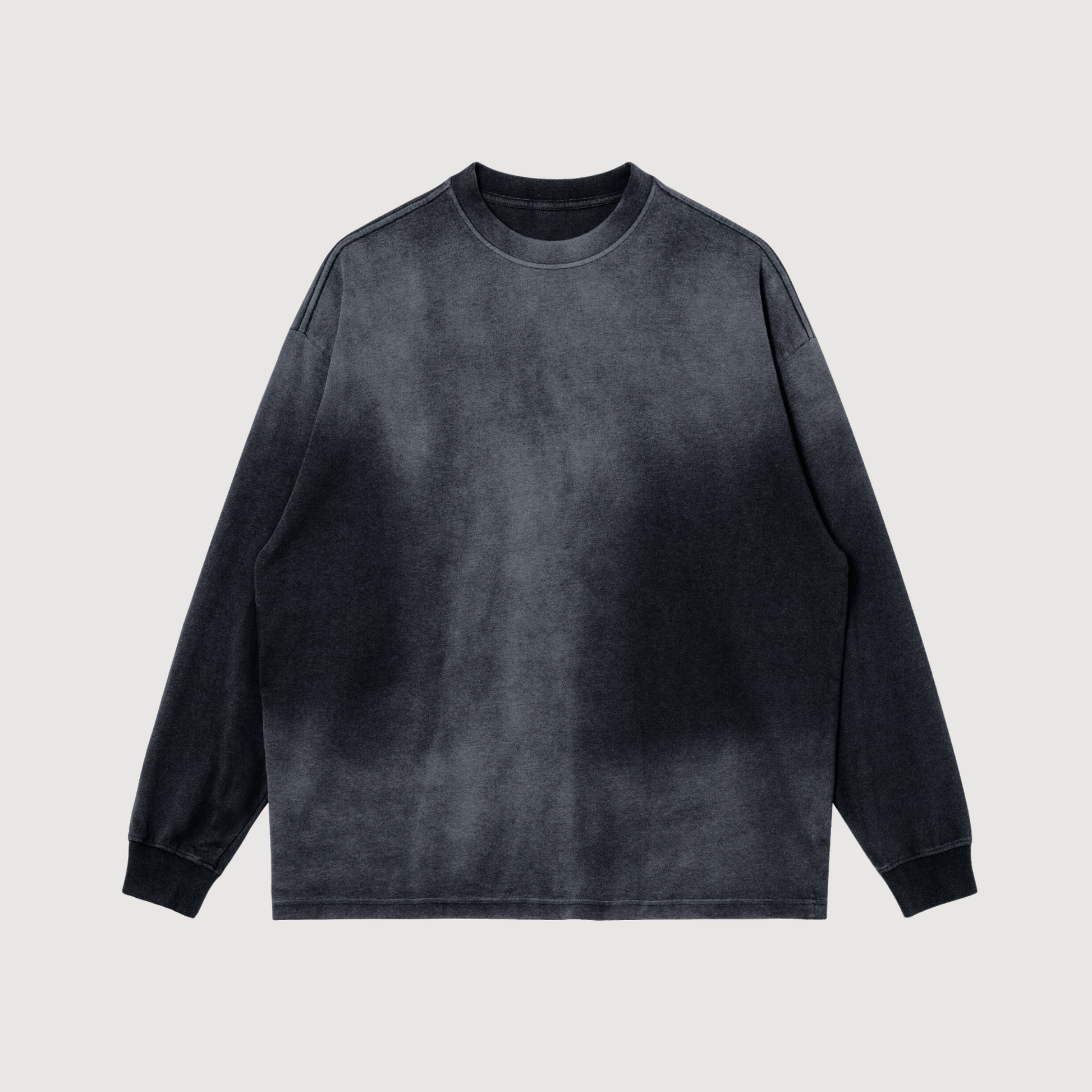 black crewneck sweatshirt, long sleeved crew, dyed tones of grey crewneck, luxury streetwear AETERIUS