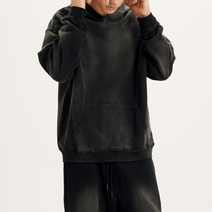 modeling black dyed streetwear hoodie 