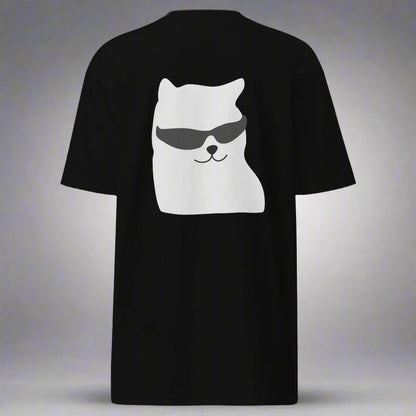 black t-shirt with white cat wearing sunglasses back design graphic tee in luxury streetwear fit