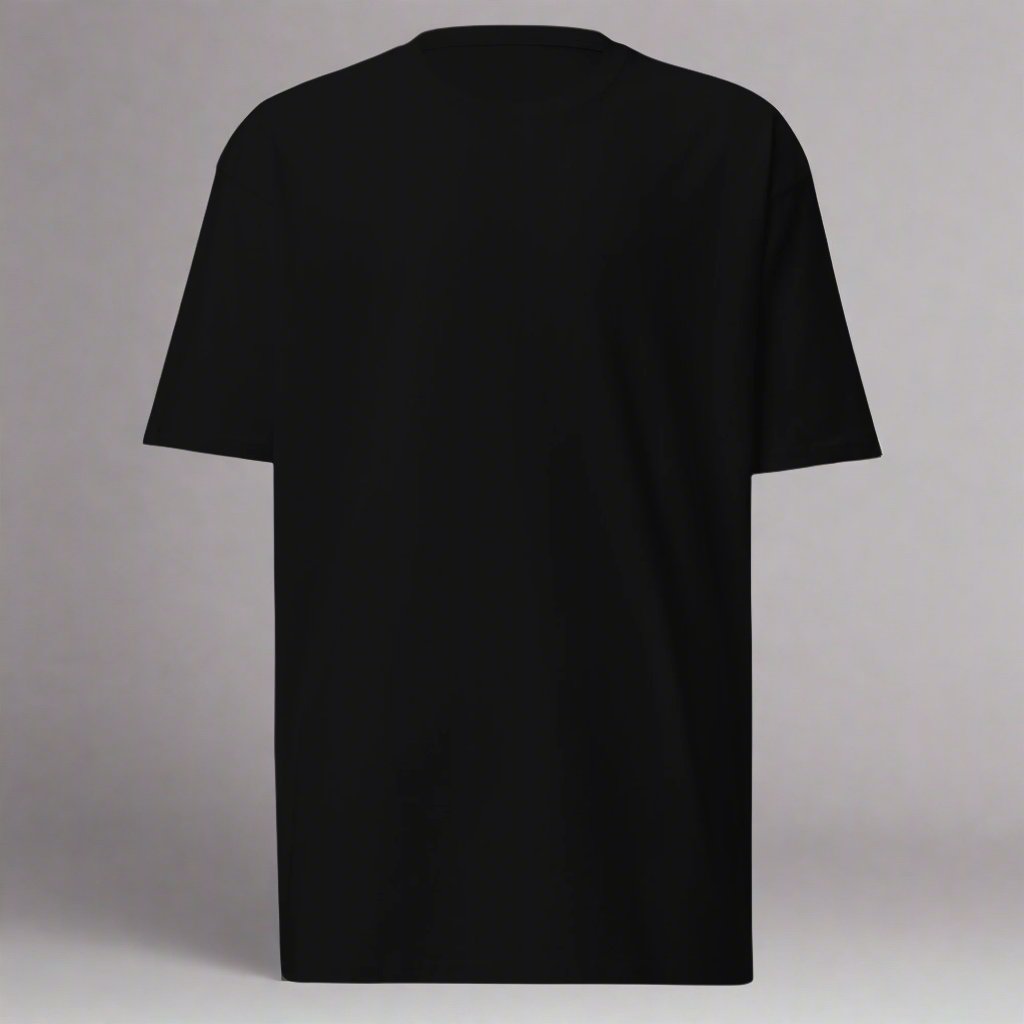 luxury streetwear black t-shirt with drop shoulder sleeves front view blank