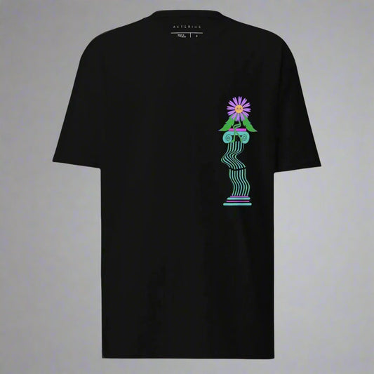 Miss Flowerina designer graphic tee in luxury streetwear black t-shirt aesthetic with flower art 