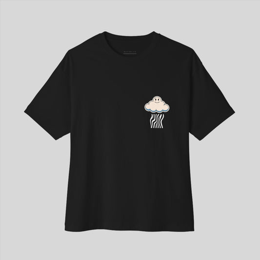 Oversized black t-shirt in drop shoulder streetwear fit with Mr. Cloud small front chest design by AETERIUS