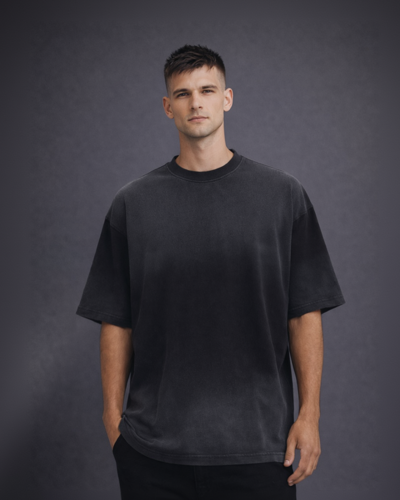 Dyed Black T-Shirt x Drop Shoulder Oversized T-Shirt