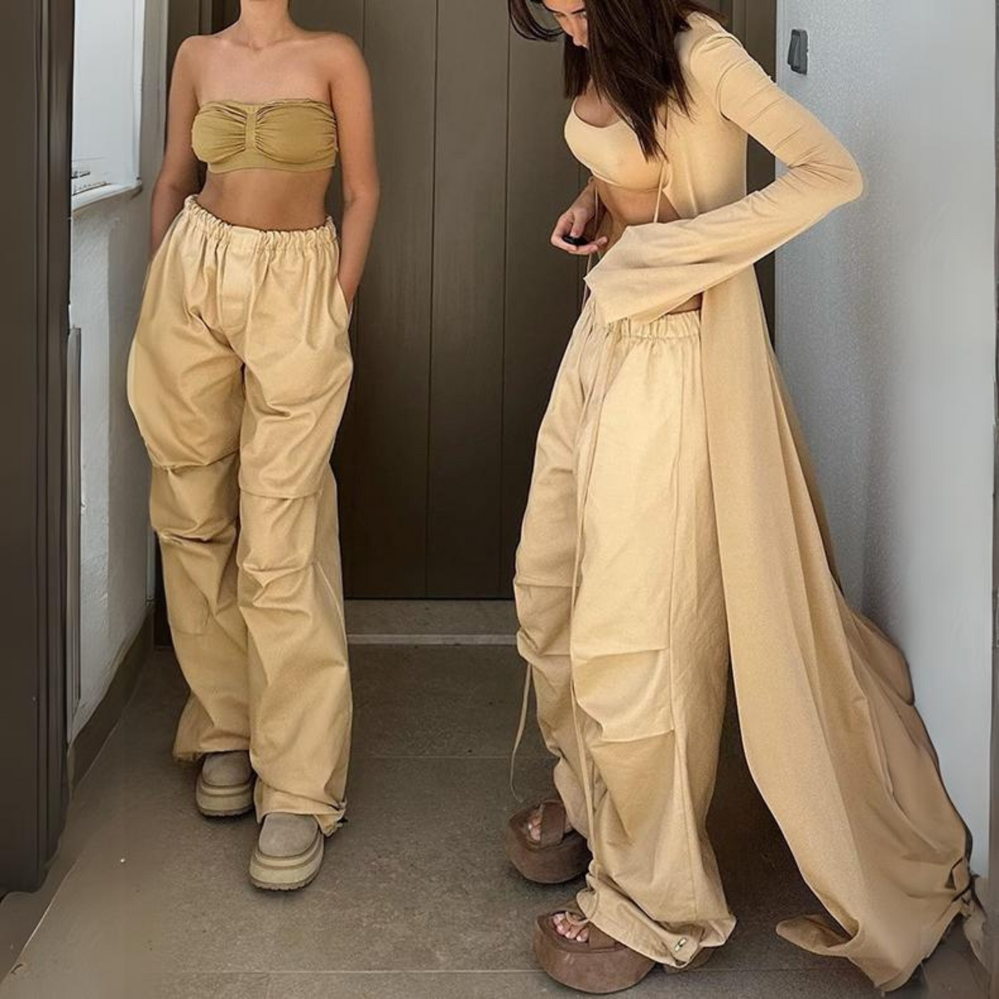 khaki cargo pants for women, two women standing wearing women's cargo pants