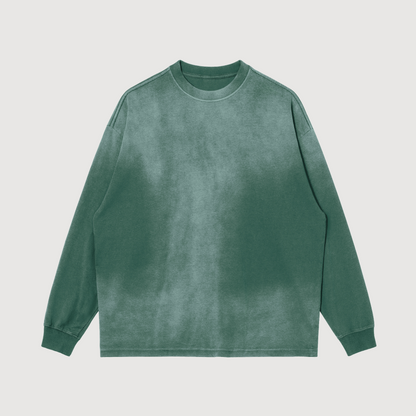 dyed washed out green crewneck, drop shoulder oversized fit, luxury streetwear aesthetic, mens and womens clothing