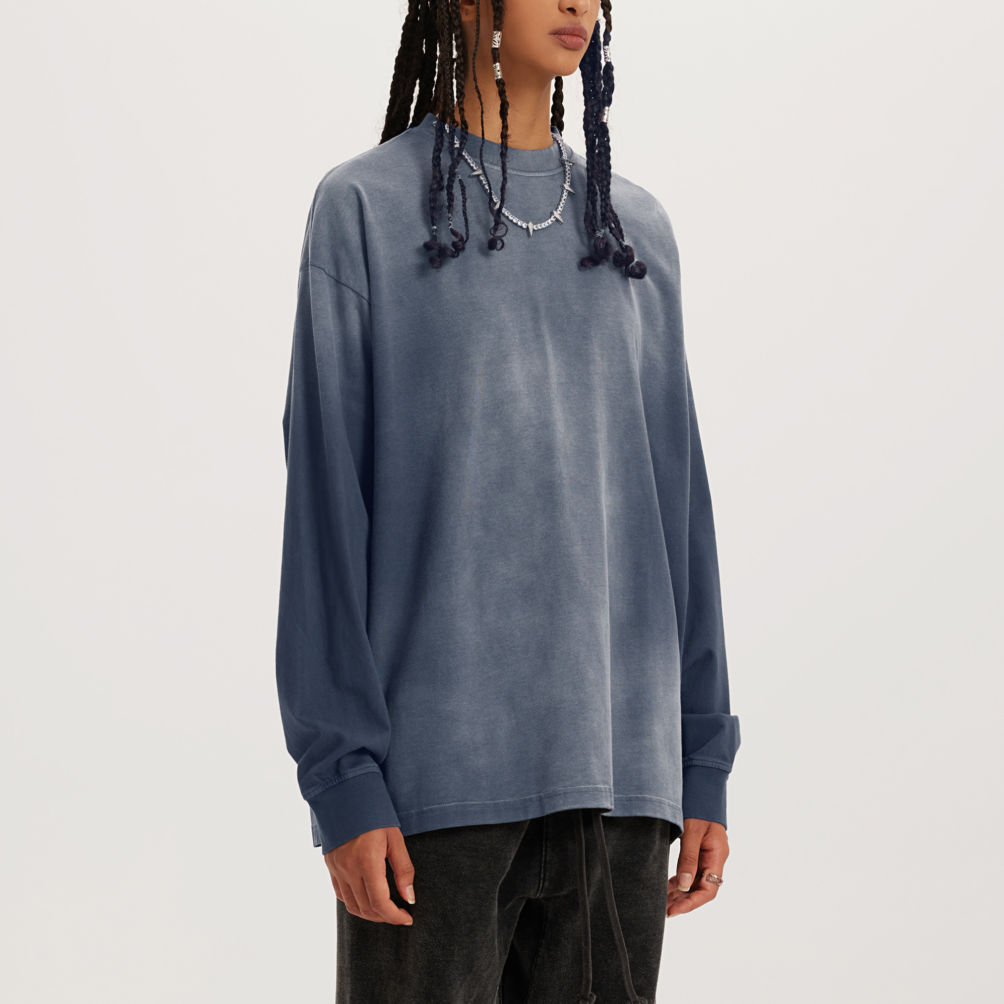 womens streetwear model front angle wearing womens oversized dyed grey crewneck