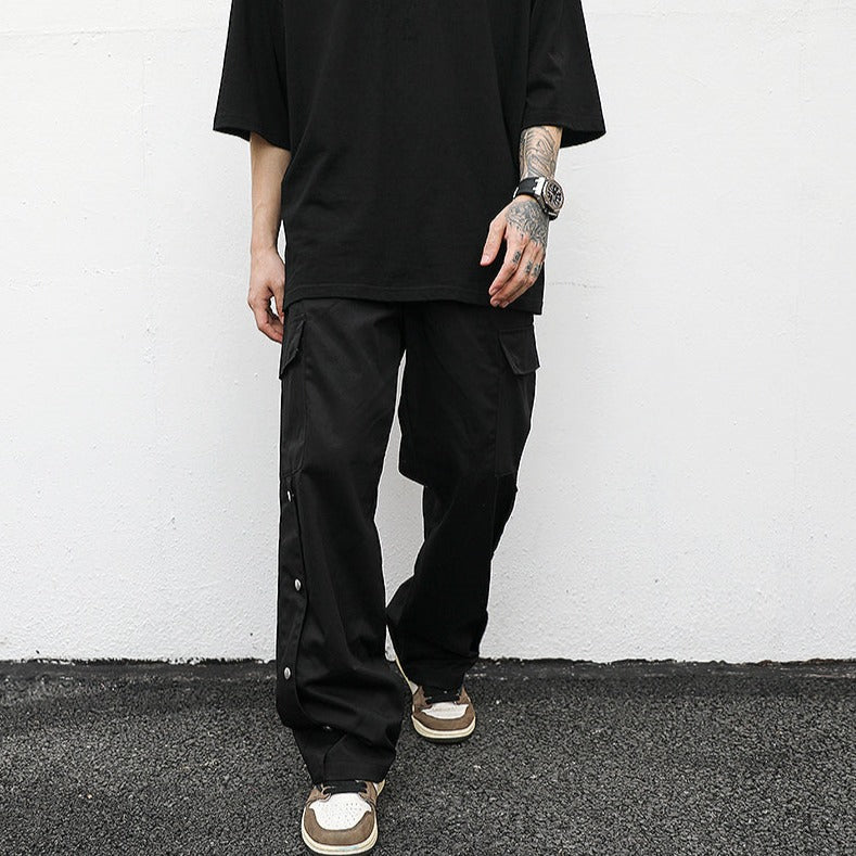 Luxury streetwear full black fit; black cargo pants, drop shoulder black t-shirt