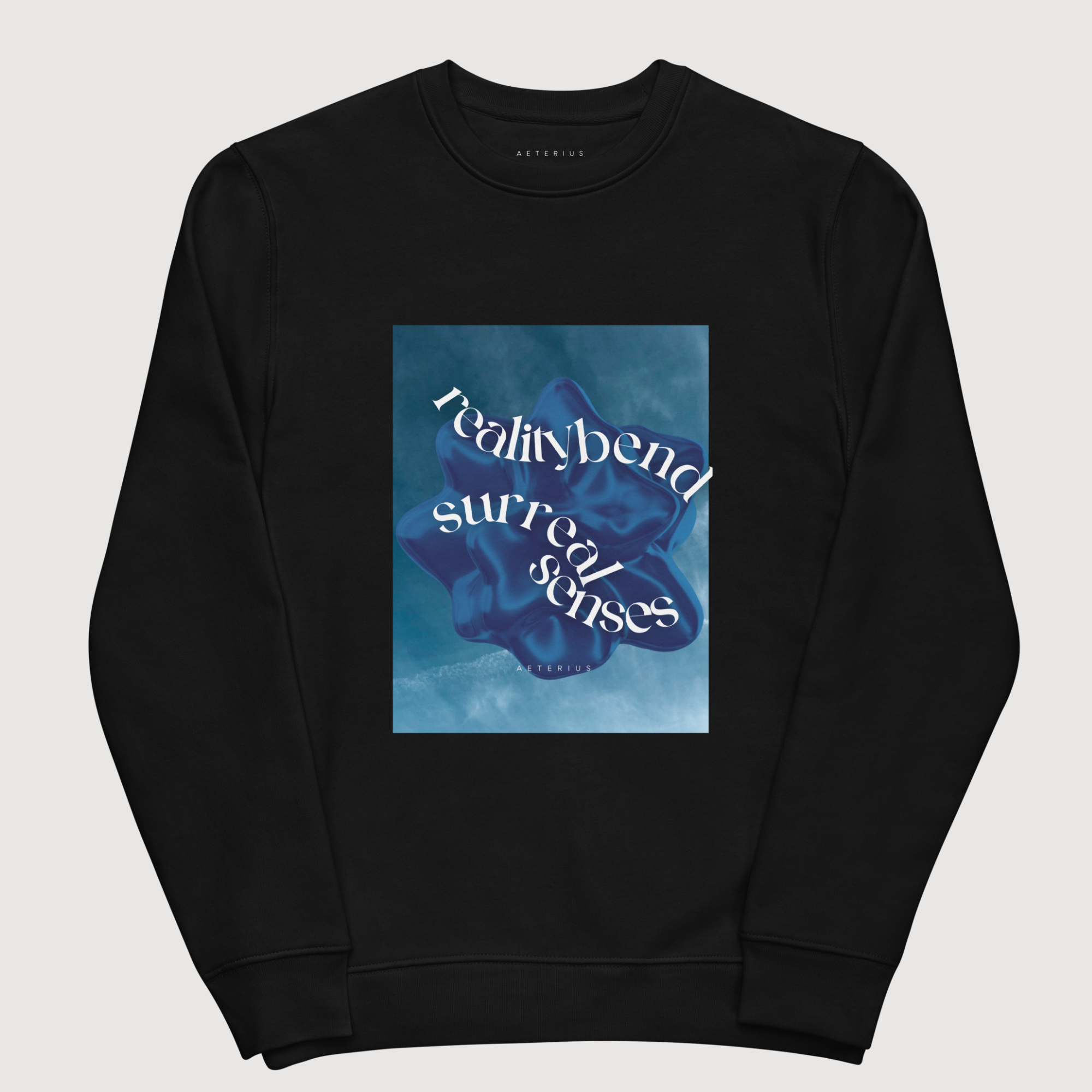 AETERIUS black crewneck sweatshirt; graphic sweatshirt with 'surreal senses' blue print & white curved fonts, streetwear