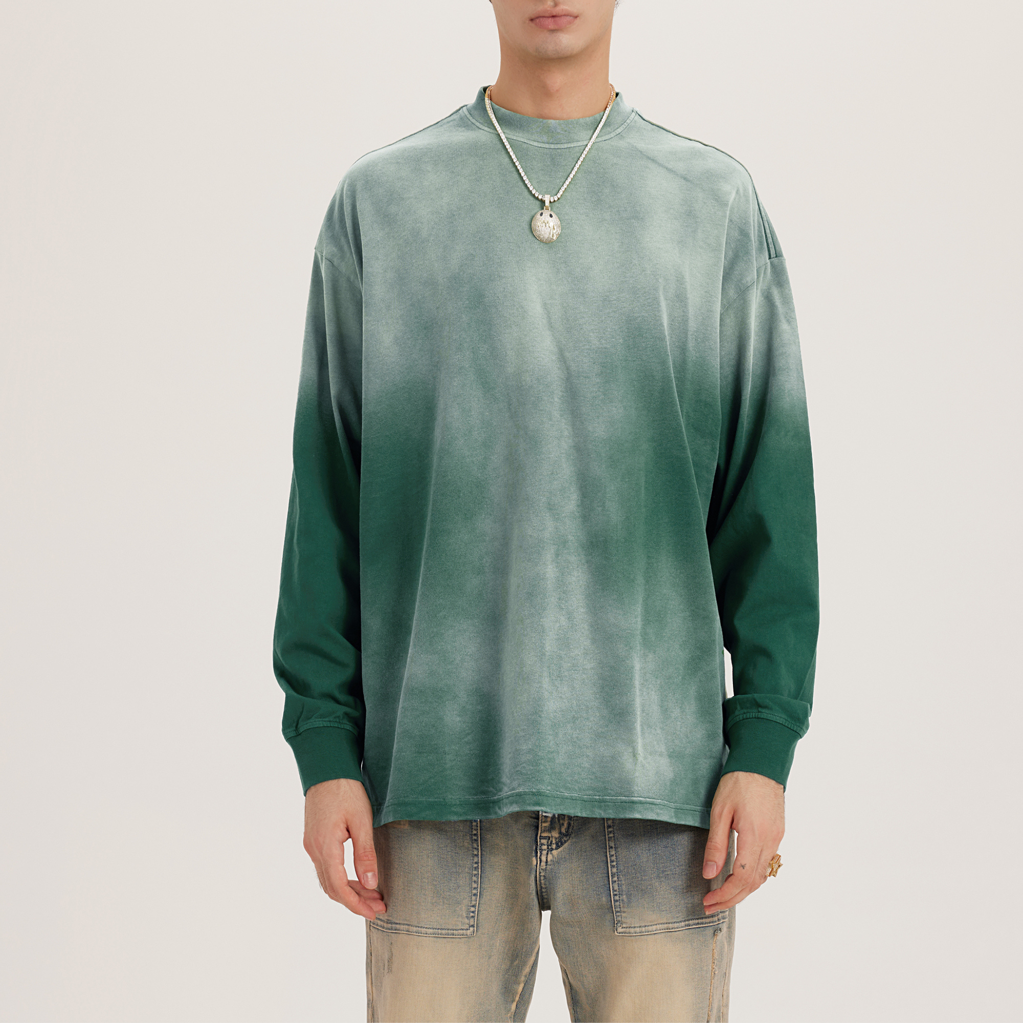 front washed green crewneck streetwear drop shoulder 