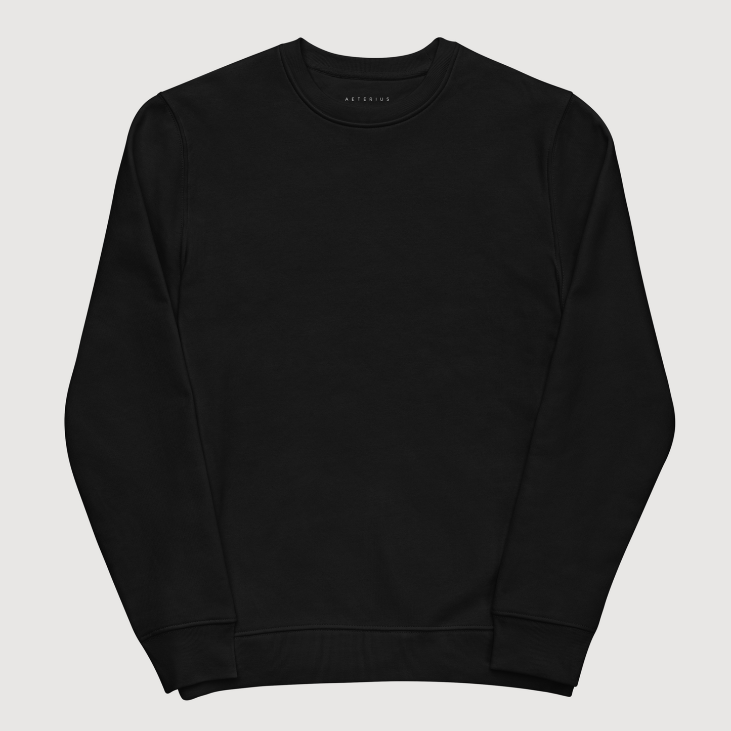 Front side of black crewneck sweatshirt in luxury streetwear aesthetic