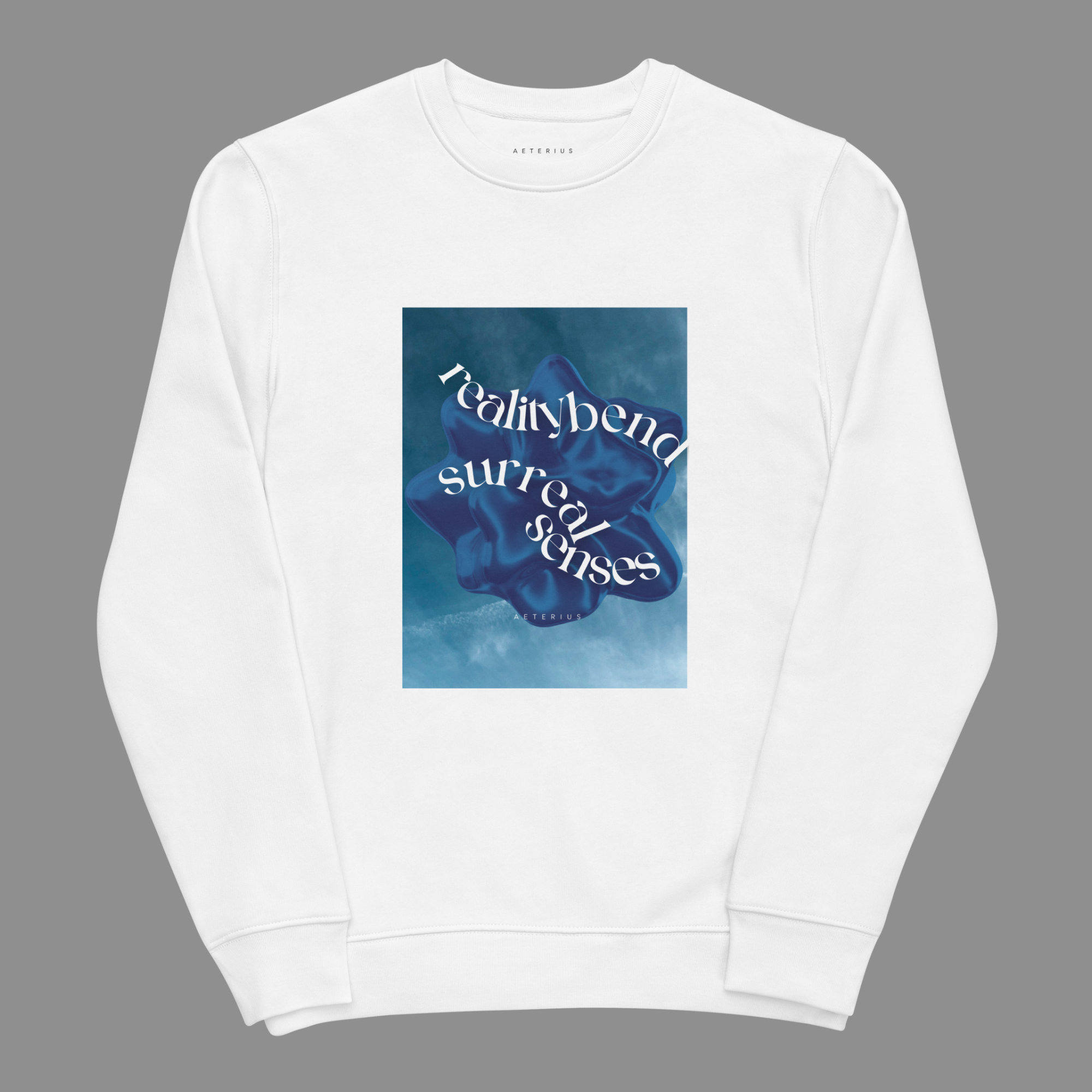 white crewneck sweatshirt graphic with front blue graphics and white text, luxury streetwear crewneck, AETERIUS