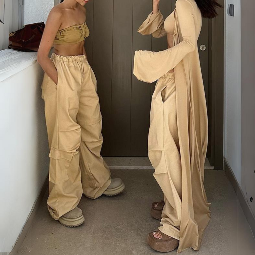women's cargo pants, khaki cargo pants for women, women standing getting ready to go out