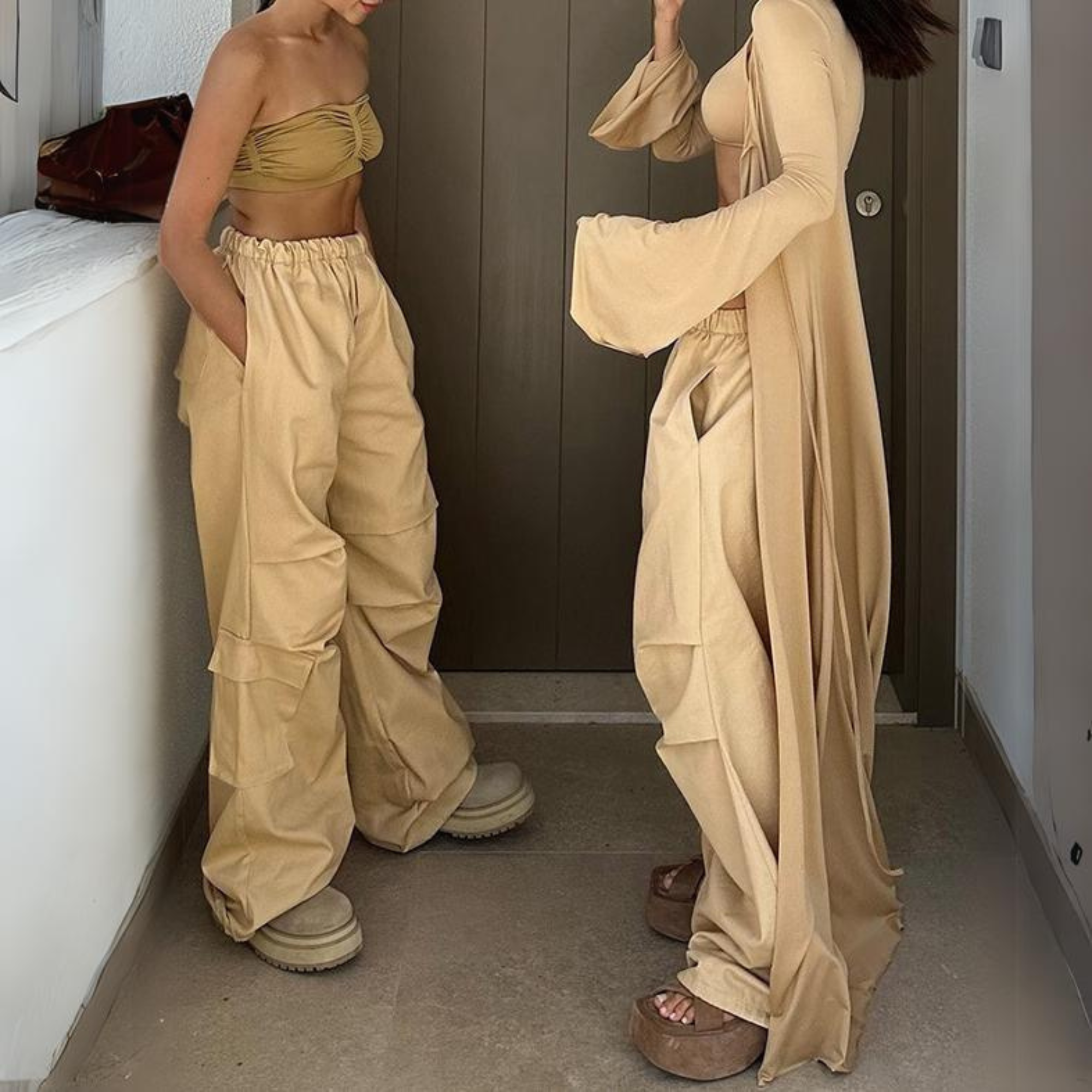 women's cargo pants, khaki cargo pants for women, women standing getting ready to go out