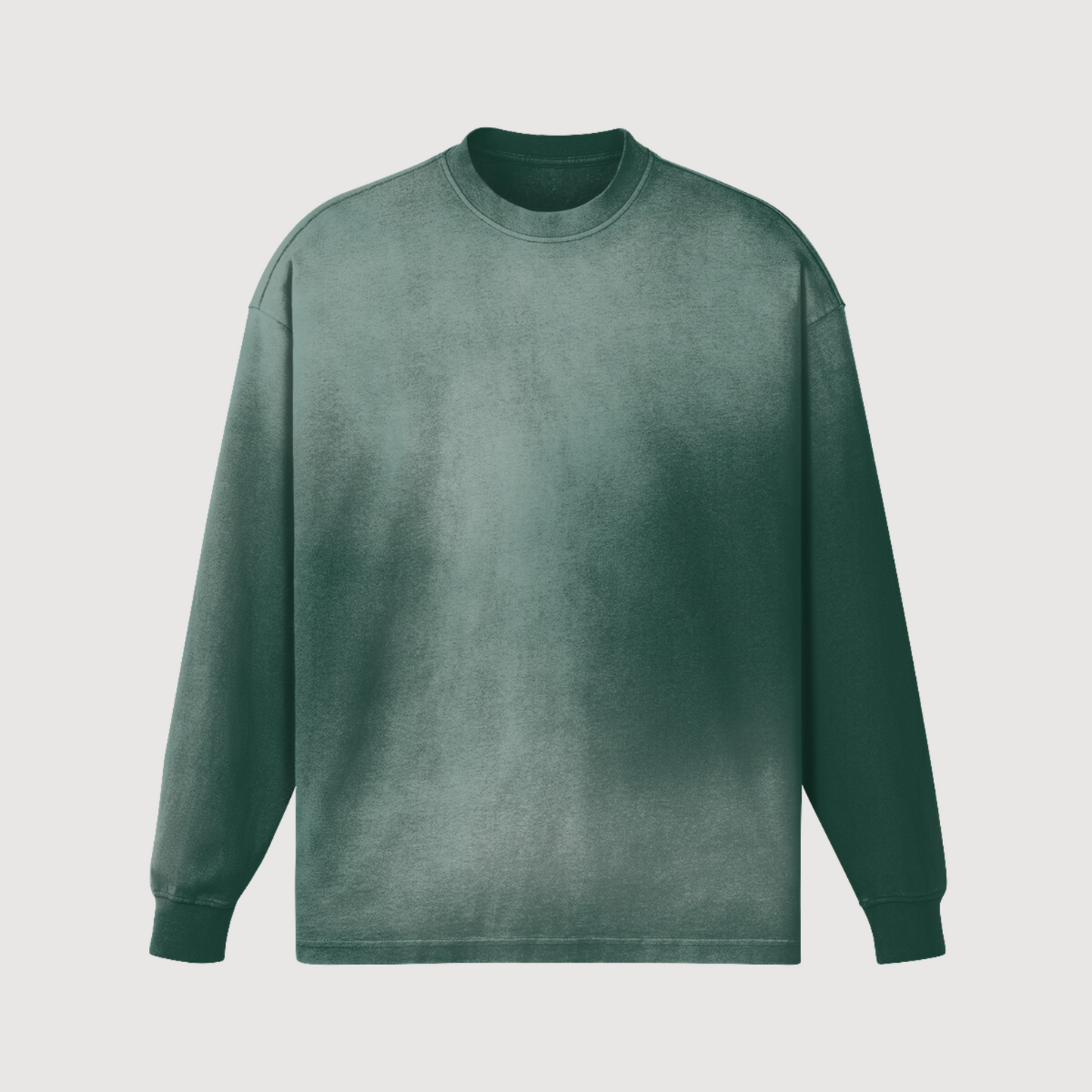 luxury streetwear: drop shoulder oversized crewneck, green washed out/faded/dyed, mens and womens oversized luxury streetwear