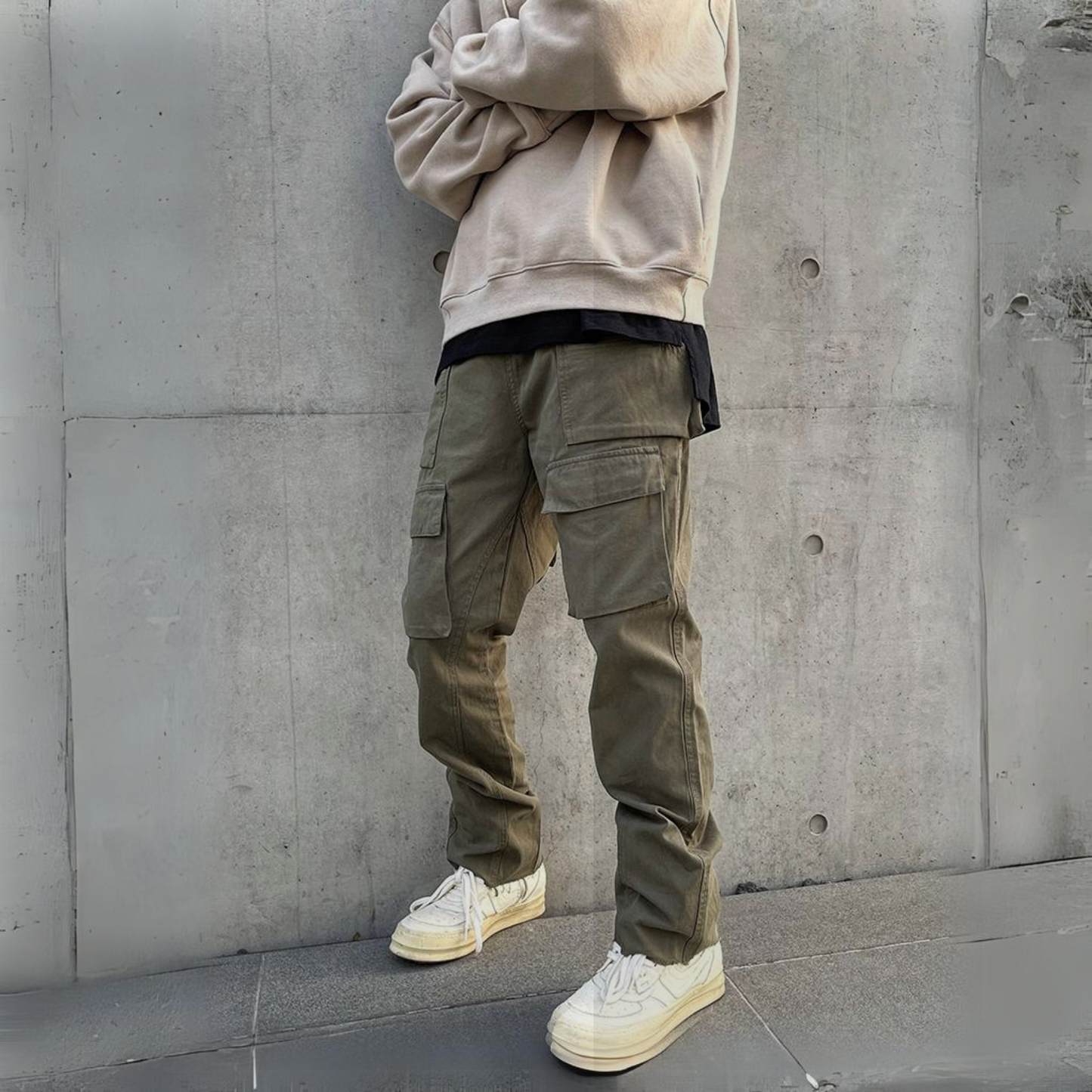 green cargo pants; mens camo cargo pants streetwear fit, urban grey wall and model with arms crossed wearing beige sweatshirt