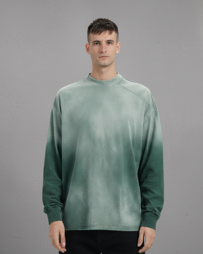 streetwear model wearing washed green crewneck front view