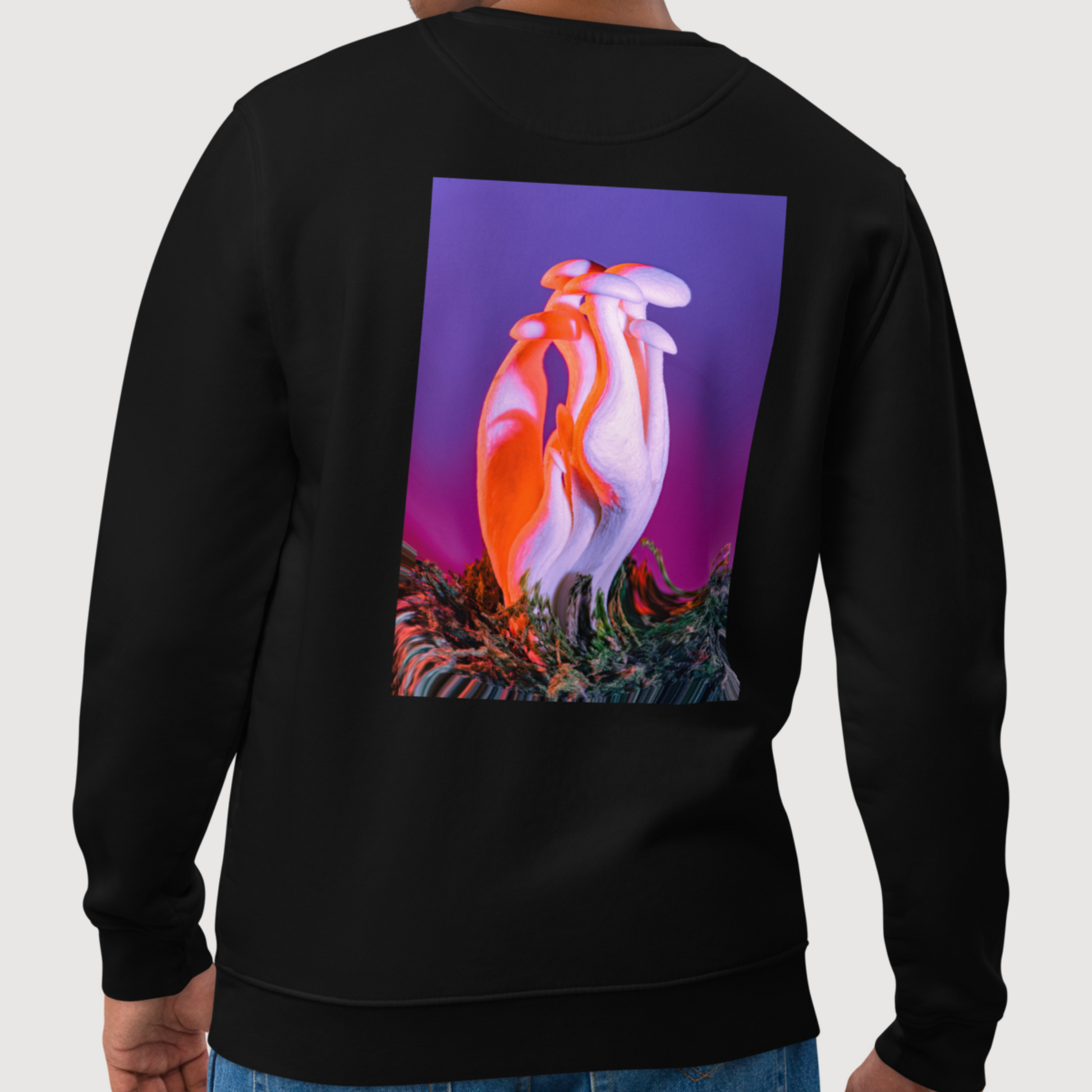 Back side of mushroom crewneck black sweatshirt in streetwear aesthetic