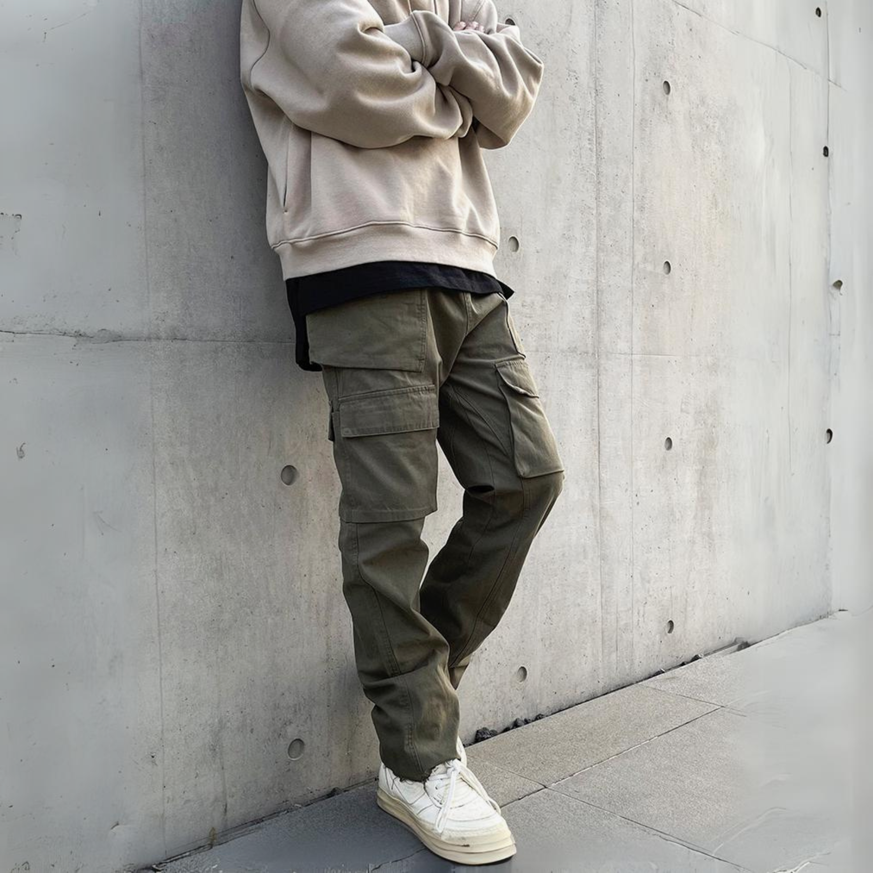 model against wall wearing green cargo pants; camo cargo pants streetwear fit with beige hoodie