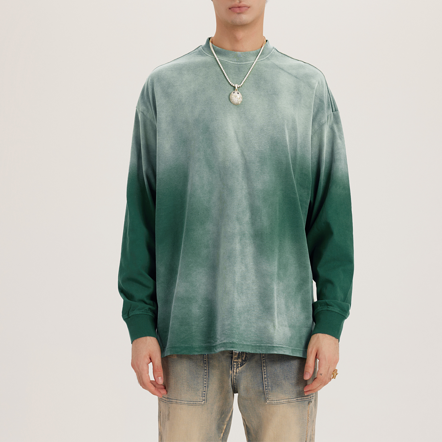 Washed faded dyed green crewneck long sleeves luxury streetwear