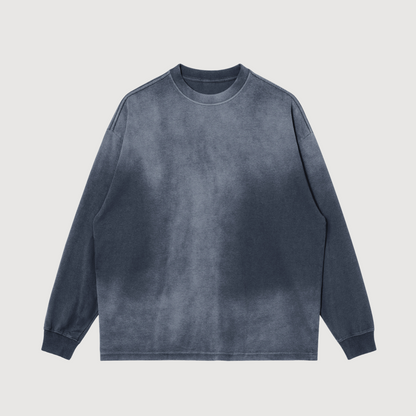 washed out and faded dyed grey crewneck, luxury streetwear item oversized drop shoulder fit, long sleeves