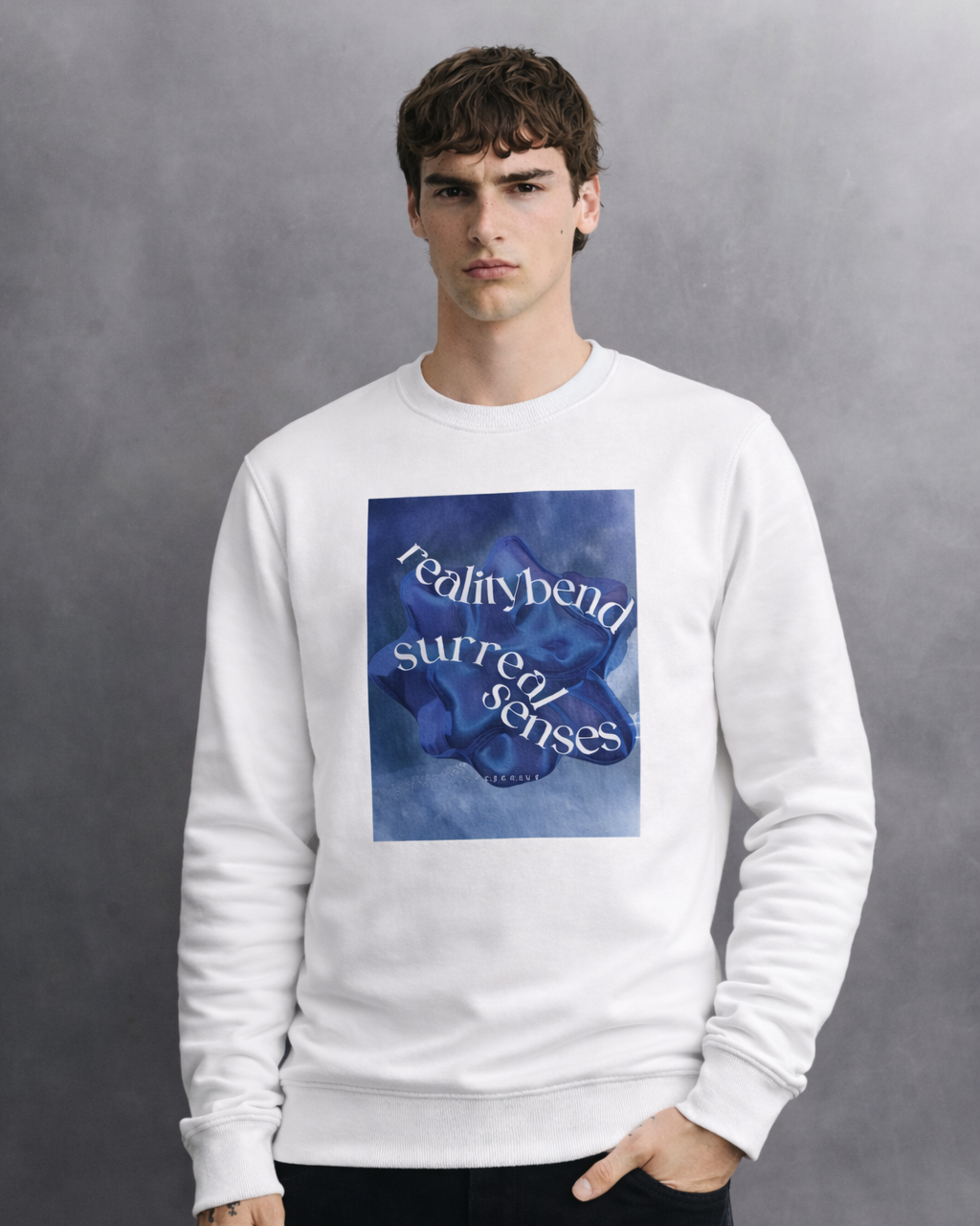 streetwear model wearing white graphic sweatshirt crewneck with front print
