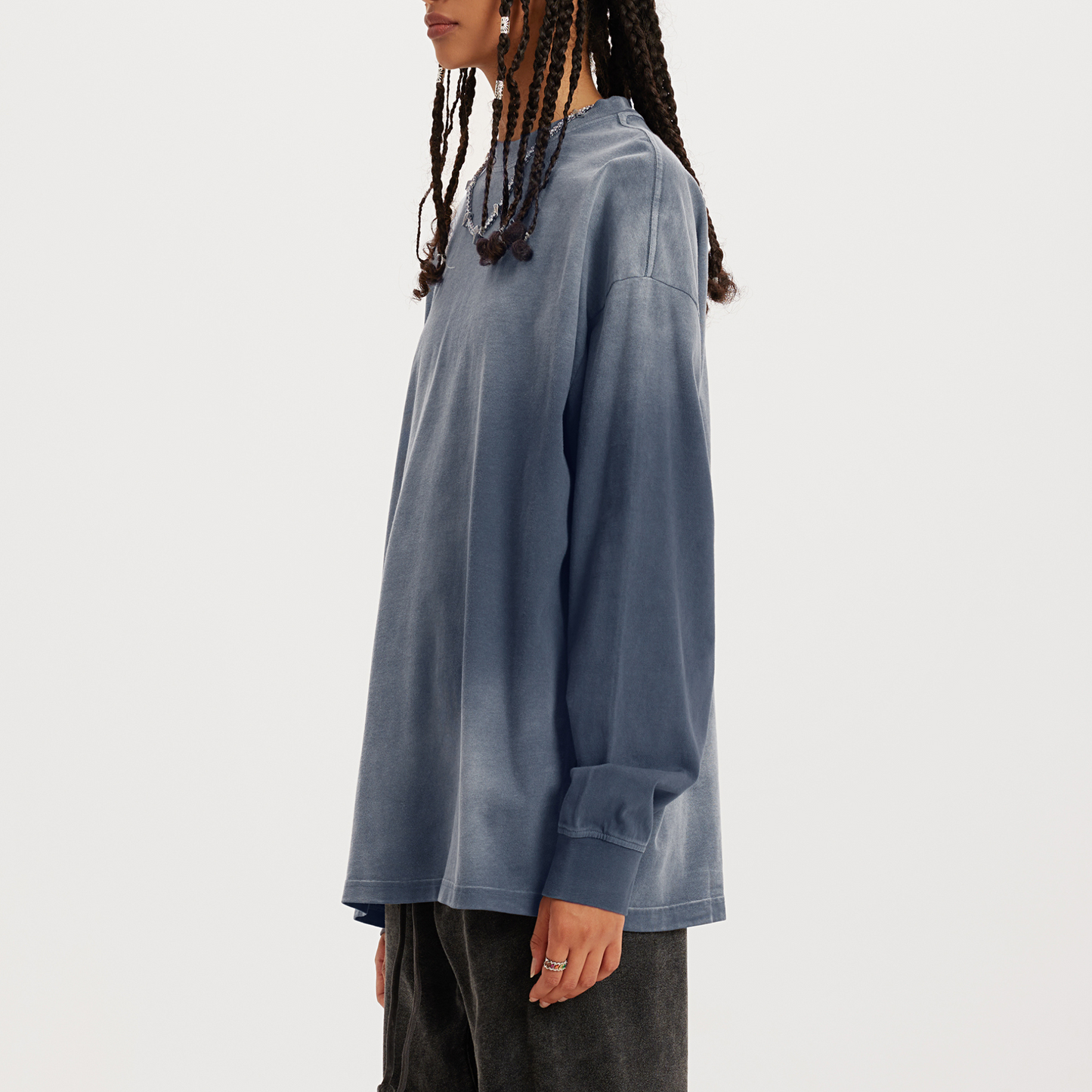 womens oversized crewneck washed dyed grey luxury streetwear aesthetic