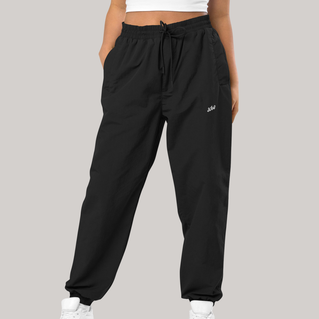 front side recycled pants cargo style loose tight ankles elastic waistband adjustable strings 980 embroidery