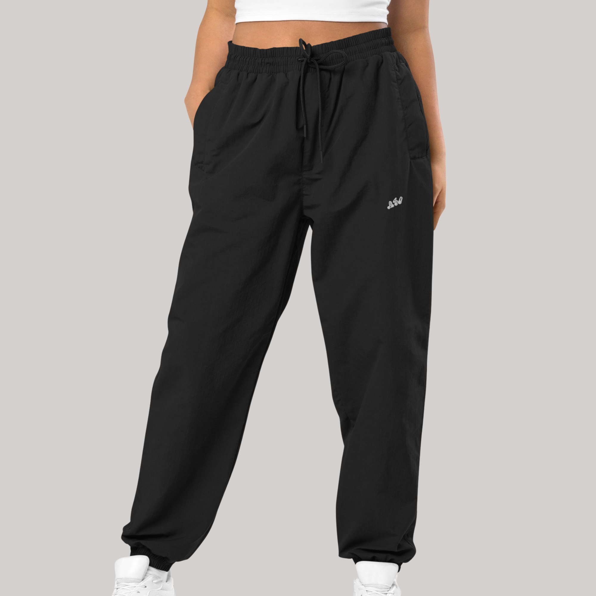 front side recycled pants cargo style loose tight ankles elastic waistband adjustable strings 980 embroidery